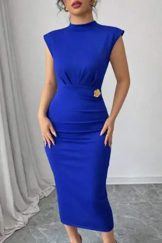 Kadın Yarı Balıkçı Yaka Kısa Kollu çicek Aksesuar Detaylı Midi Dalgıç Elbise - 1