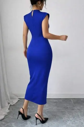 Kadın Yarı Balıkçı Yaka Kısa Kollu çicek Aksesuar Detaylı Midi Dalgıç Elbise - 3