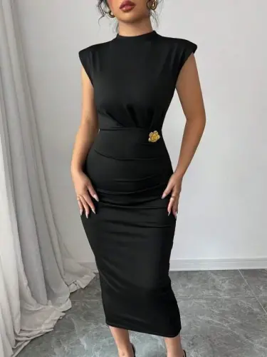 Kadın Yarı Balıkçı Yaka Kısa Kollu çicek Aksesuar Detaylı Midi Dalgıç Elbise - 1