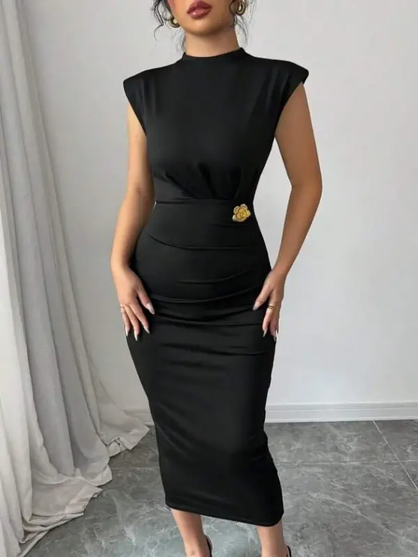 Kadın Yarı Balıkçı Yaka Kısa Kollu çicek Aksesuar Detaylı Midi Dalgıç Elbise - BÜYÜKBEDENIZ