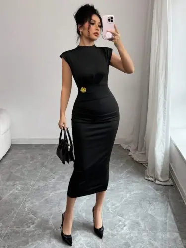 Kadın Yarı Balıkçı Yaka Kısa Kollu çicek Aksesuar Detaylı Midi Dalgıç Elbise - BÜYÜKBEDENIZ (1)