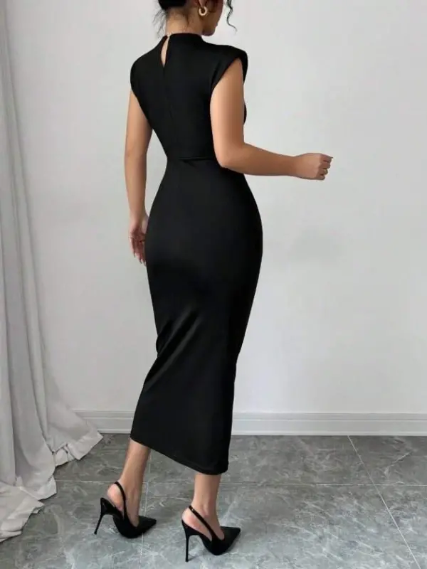 Kadın Yarı Balıkçı Yaka Kısa Kollu çicek Aksesuar Detaylı Midi Dalgıç Elbise - 3