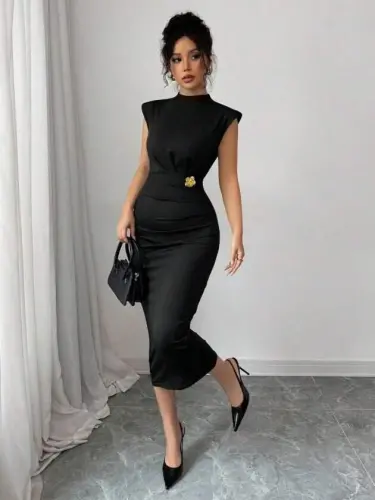 Kadın Yarı Balıkçı Yaka Kısa Kollu çicek Aksesuar Detaylı Midi Dalgıç Elbise - 4