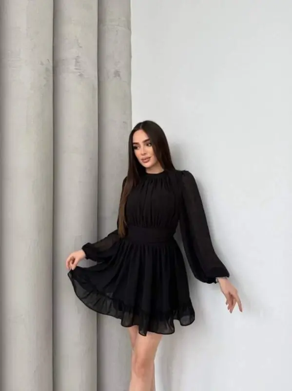 Kadın Yarım Balıkçı Yaka Kolları Transparan Astarlı Full şifon Elbise - 1