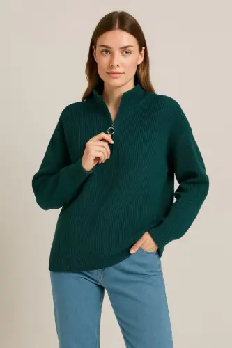 KADIN Yarım Fermuarlı Triko Kazak – Selanik Örgü, Dik Yaka, Pamuklu Dokuma, Oversize Uzun Kollu Kışlık Model - Haki - 1