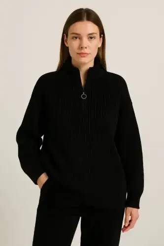 KADIN Yarım Fermuarlı Triko Kazak – Selanik Örgü, Dik Yaka, Pamuklu Dokuma, Oversize Uzun Kollu Kışlık Model - Siyah - 1