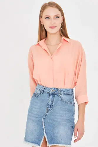 Kadın Yavruağzı Cepli Salaş Keten Gömlek ARM-21Y001035-Yavruağzı - 3