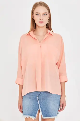 Kadın Yavruağzı Cepli Salaş Keten Gömlek ARM-21Y001035-Yavruağzı - 4