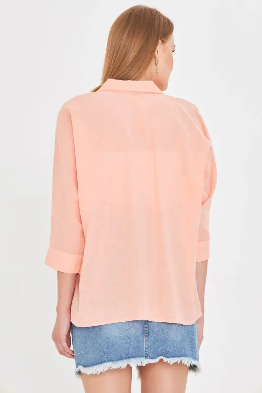 Kadın Yavruağzı Cepli Salaş Keten Gömlek ARM-21Y001035-Yavruağzı - 6