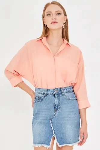 Kadın Yavruağzı Cepli Salaş Keten Gömlek ARM-21Y001035-Yavruağzı - 1