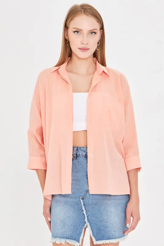 Kadın Yavruağzı Cepli Salaş Keten Gömlek ARM-21Y001035-Yavruağzı - 2