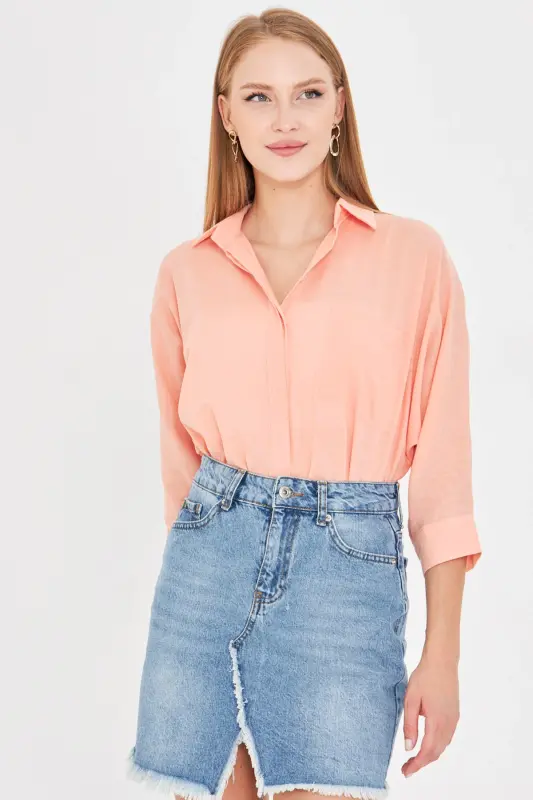 Kadın Yavruağzı Cepli Salaş Keten Gömlek ARM-21Y001035-Yavruağzı - 3