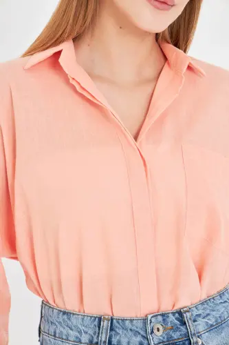 Kadın Yavruağzı Cepli Salaş Keten Gömlek ARM-21Y001035-Yavruağzı - 5