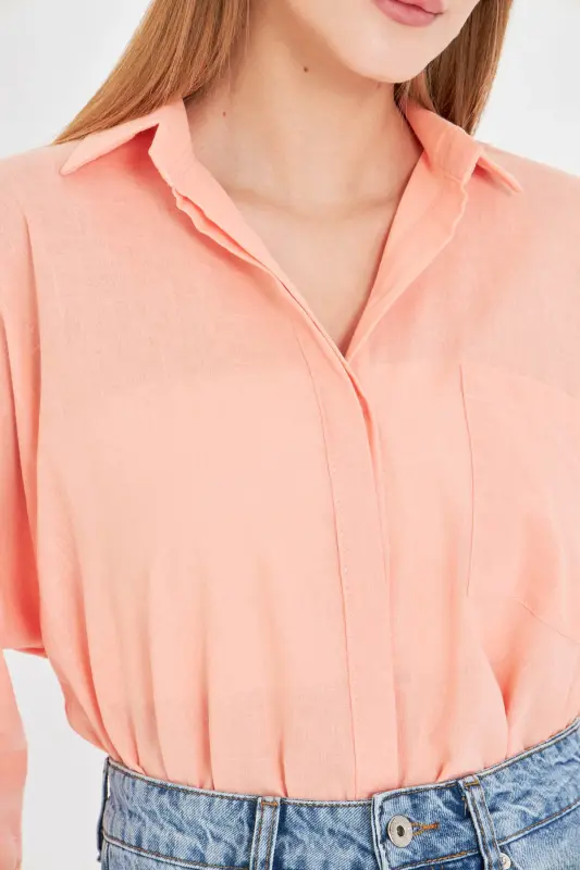 Kadın Yavruağzı Cepli Salaş Keten Gömlek ARM-21Y001035-Yavruağzı - 5