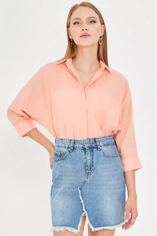 Kadın Yavruağzı Cepli Salaş Keten Gömlek ARM-21Y001035-Yavruağzı - ARMONIKA