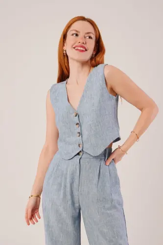 Kadın Yelek Pantolon 2'li Takım-Bebe Mavisi - 3