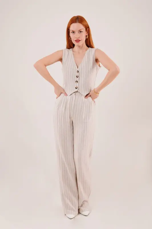 Kadın Yelek Pantolon 2'li Takım-Bej - 3