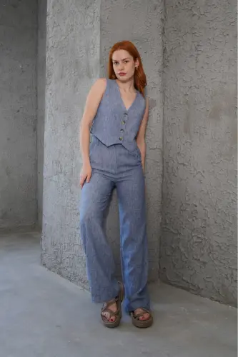 Kadın Yelek Pantolon 2'li Takım-Mavi - LOKADI (1)