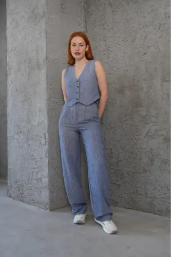 Kadın Yelek Pantolon 2'li Takım-Mavi - 5