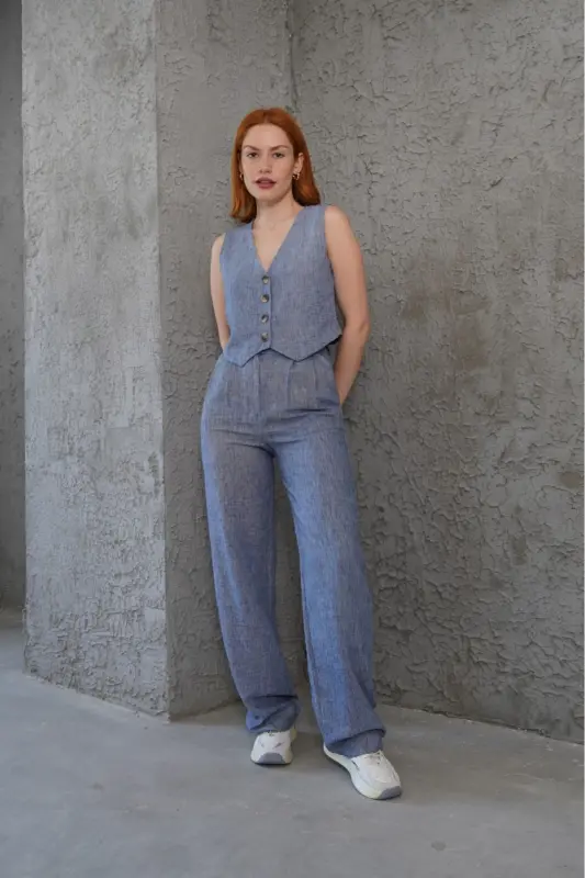 Kadın Yelek Pantolon 2'li Takım-Mavi - 5