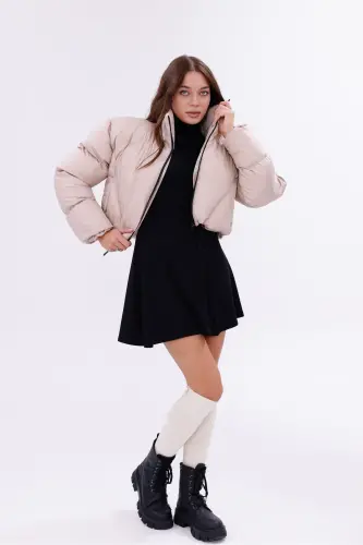 Kadın Yeni Sezon Çapraz Dikişli Kışlık Mont Lastik Detaylı Crop-Bejcropmont1 - 5