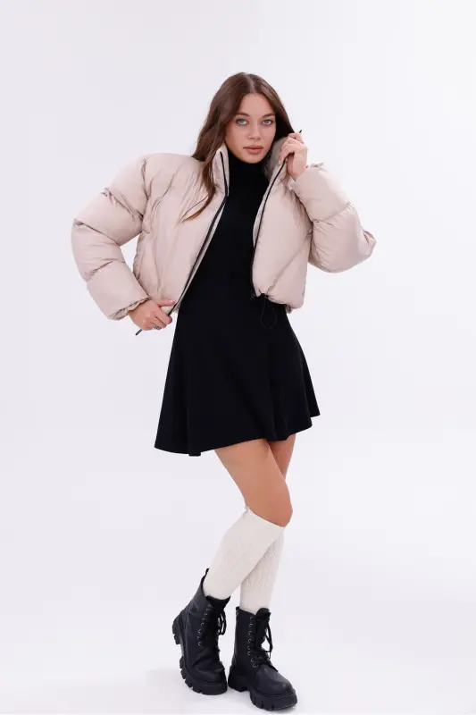 Kadın Yeni Sezon Çapraz Dikişli Kışlık Mont Lastik Detaylı Crop-Bejcropmont1 - 5