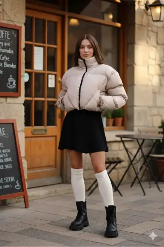 Kadın Yeni Sezon Çapraz Dikişli Kışlık Mont Lastik Detaylı Crop-Bejcropmont2 - 3