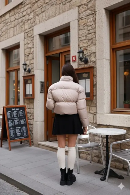 Kadın Yeni Sezon Çapraz Dikişli Kışlık Mont Lastik Detaylı Crop-Bejcropmont2 - 4