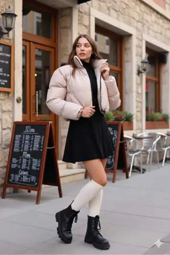 Kadın Yeni Sezon Çapraz Dikişli Kışlık Mont Lastik Detaylı Crop-Bejcropmont2 - 5