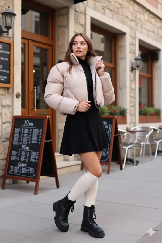 Kadın Yeni Sezon Çapraz Dikişli Kışlık Mont Lastik Detaylı Crop-Bejcropmont2 - 5