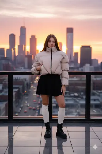 Kadın Yeni Sezon Çapraz Dikişli Kışlık Mont Lastik Detaylı Crop-Bejcropmont3 - 1