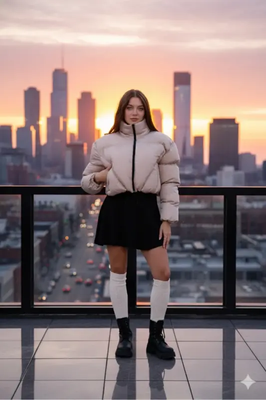 Kadın Yeni Sezon Çapraz Dikişli Kışlık Mont Lastik Detaylı Crop-Bejcropmont3 - 1