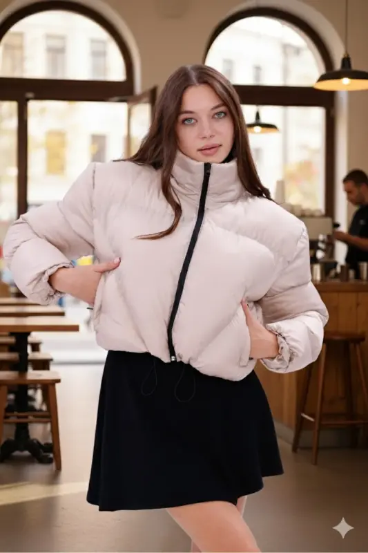 Kadın Yeni Sezon Çapraz Dikişli Kışlık Mont Lastik Detaylı Crop-Bejcropmont3 - 3