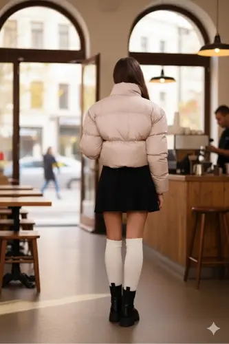 Kadın Yeni Sezon Çapraz Dikişli Kışlık Mont Lastik Detaylı Crop-Bejcropmont3 - 4