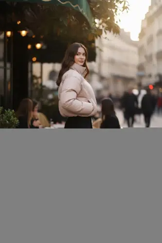 Kadın Yeni Sezon Çapraz Dikişli Kışlık Mont Lastik Detaylı Crop-Bejcropmont5 - 3