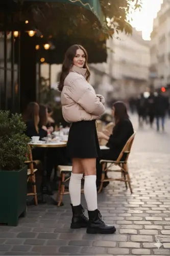 Kadın Yeni Sezon Çapraz Dikişli Kışlık Mont Lastik Detaylı Crop-Bejcropmont5 - 4