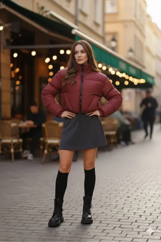 Kadın Yeni Sezon Çapraz Dikişli Kışlık Mont Lastik Detaylı Crop-Bordocropmont4 - 4