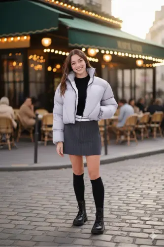 Kadın Yeni Sezon Çapraz Dikişli Kışlık Mont Lastik Detaylı Crop-Gricrop4 - 2