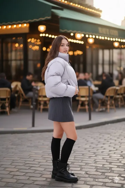 Kadın Yeni Sezon Çapraz Dikişli Kışlık Mont Lastik Detaylı Crop-Gricrop4 - 3