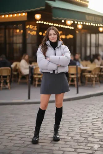 Kadın Yeni Sezon Çapraz Dikişli Kışlık Mont Lastik Detaylı Crop-Gricrop4 - 4