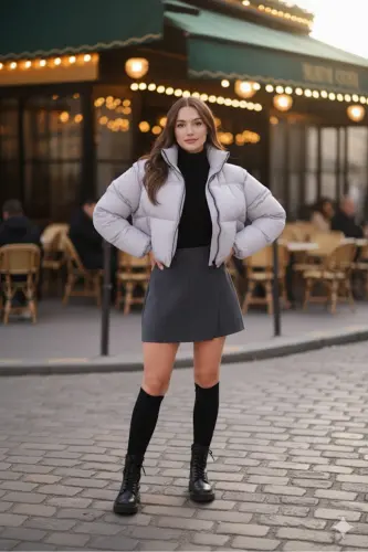 Kadın Yeni Sezon Çapraz Dikişli Kışlık Mont Lastik Detaylı Crop-Gricrop4 - 5