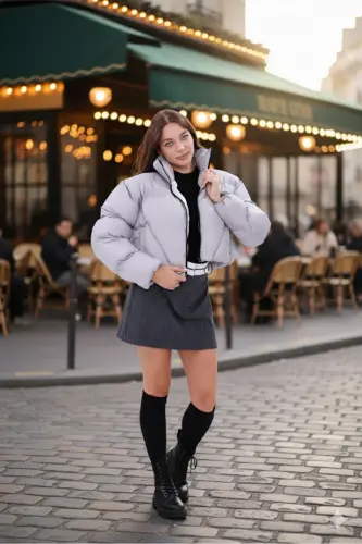 Kadın Yeni Sezon Çapraz Dikişli Kışlık Mont Lastik Detaylı Crop-Gricrop4 - 7