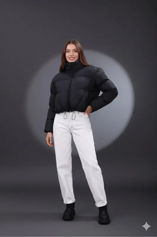 Kadın Yeni Sezon Çapraz Dikişli Kışlık Mont Lastik Detaylı Crop-Siyahcrop3 - 2