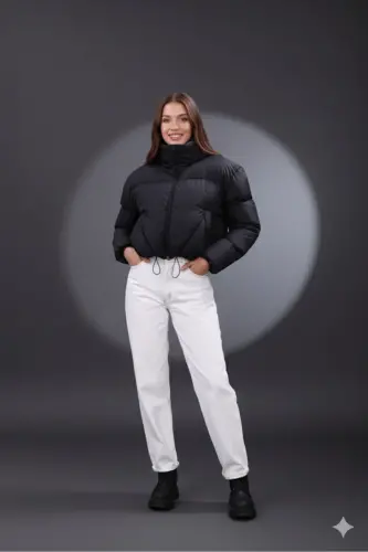 Kadın Yeni Sezon Çapraz Dikişli Kışlık Mont Lastik Detaylı Crop-Siyahcrop3 - 3