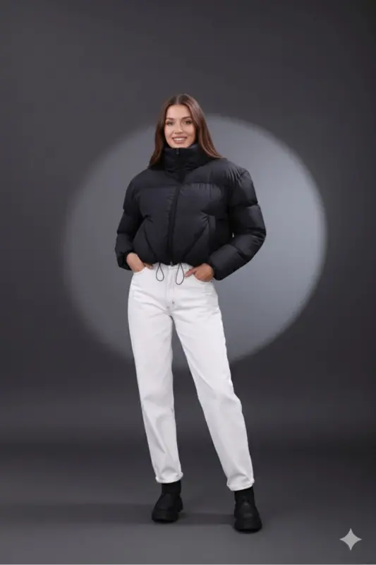 Kadın Yeni Sezon Çapraz Dikişli Kışlık Mont Lastik Detaylı Crop-Siyahcrop3 - 3