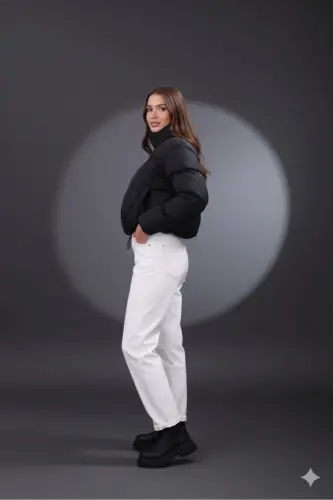 Kadın Yeni Sezon Çapraz Dikişli Kışlık Mont Lastik Detaylı Crop-Siyahcrop3 - 4