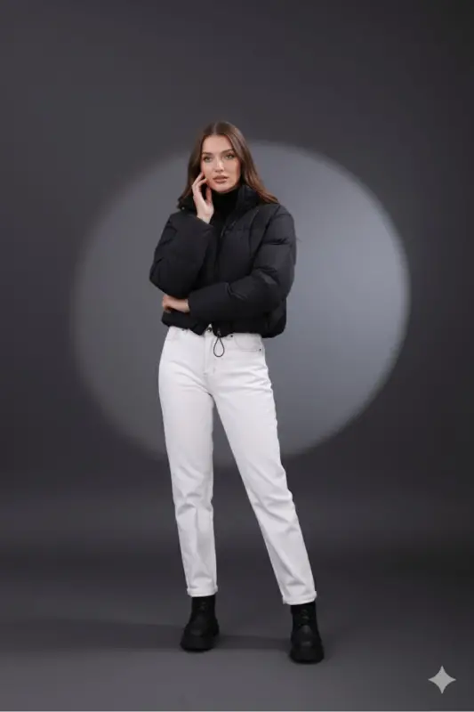 Kadın Yeni Sezon Çapraz Dikişli Kışlık Mont Lastik Detaylı Crop-Siyahcrop3 - 5