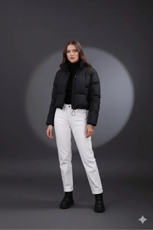 Kadın Yeni Sezon Çapraz Dikişli Kışlık Mont Lastik Detaylı Crop-Siyahcrop3 - 6