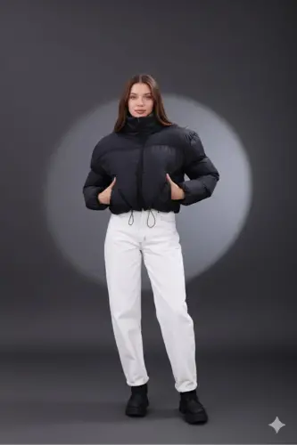 Kadın Yeni Sezon Çapraz Dikişli Kışlık Mont Lastik Detaylı Crop-Siyahcrop3 