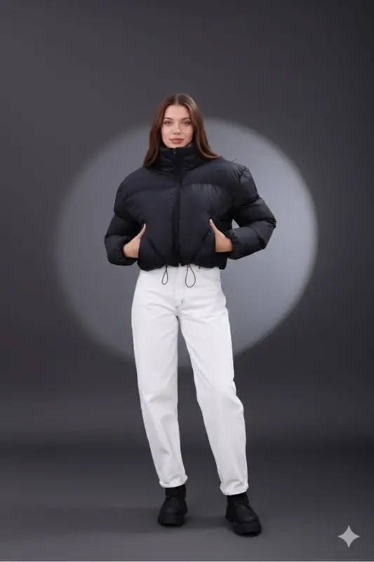 Kadın Yeni Sezon Çapraz Dikişli Kışlık Mont Lastik Detaylı Crop-Siyahcrop3 - MYPAGEBUTIK